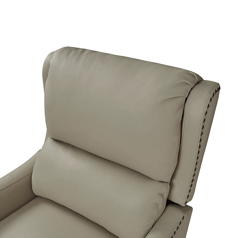Fauteuil inclinable en cuir véritable avec dossier haut, garniture cloutée, inclinaison par poussée et pieds en bois de bouleau | Camel / Bleu marine / Noir / Marron / Jaune / Brique / Olive / Beige | Monoplace