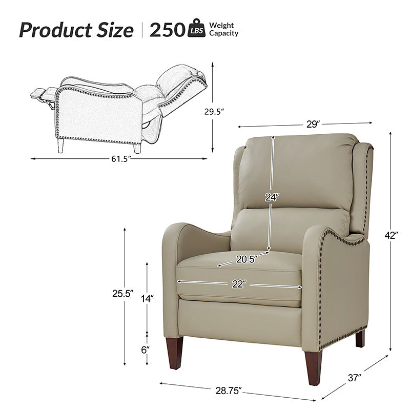 Fauteuil inclinable en cuir véritable avec dossier haut, garniture cloutée, inclinaison par poussée et pieds en bois de bouleau | Camel / Bleu marine / Noir / Marron / Jaune / Brique / Olive / Beige | Monoplace