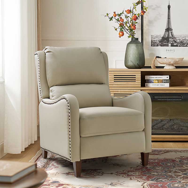 Fauteuil inclinable en cuir véritable avec dossier haut, garniture cloutée, inclinaison par poussée et pieds en bois de bouleau | Camel / Bleu marine / Noir / Marron / Jaune / Brique / Olive / Beige | Monoplace