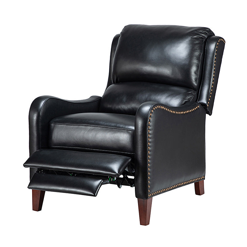 Fauteuil inclinable en cuir véritable avec dossier haut, garniture cloutée, inclinaison par poussée et pieds en bois de bouleau | Camel / Bleu marine / Noir / Marron / Jaune / Brique / Olive / Beige | Monoplace