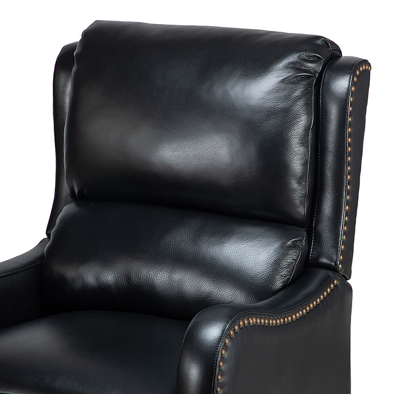 Fauteuil inclinable en cuir véritable avec dossier haut, garniture cloutée, inclinaison par poussée et pieds en bois de bouleau | Camel / Bleu marine / Noir / Marron / Jaune / Brique / Olive / Beige | Monoplace