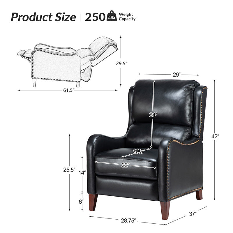 Fauteuil inclinable en cuir véritable avec dossier haut, garniture cloutée, inclinaison par poussée et pieds en bois de bouleau | Camel / Bleu marine / Noir / Marron / Jaune / Brique / Olive / Beige | Monoplace