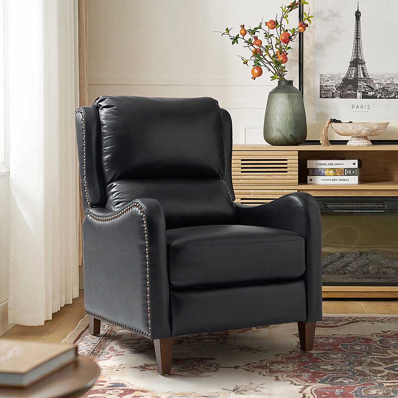 Fauteuil inclinable en cuir véritable avec dossier haut, garniture cloutée, inclinaison par poussée et pieds en bois de bouleau | Camel / Bleu marine / Noir / Marron / Jaune / Brique / Olive / Beige | Monoplace