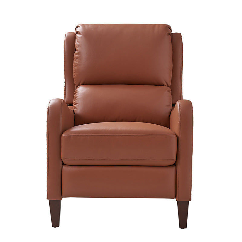 Fauteuil inclinable en cuir véritable avec dossier haut, garniture cloutée, inclinaison par poussée et pieds en bois de bouleau | Camel / Bleu marine / Noir / Marron / Jaune / Brique / Olive / Beige | Monoplace