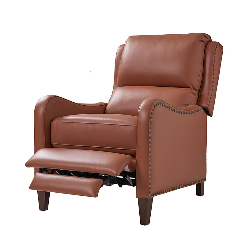 Fauteuil inclinable en cuir véritable avec dossier haut, garniture cloutée, inclinaison par poussée et pieds en bois de bouleau | Camel / Bleu marine / Noir / Marron / Jaune / Brique / Olive / Beige | Monoplace