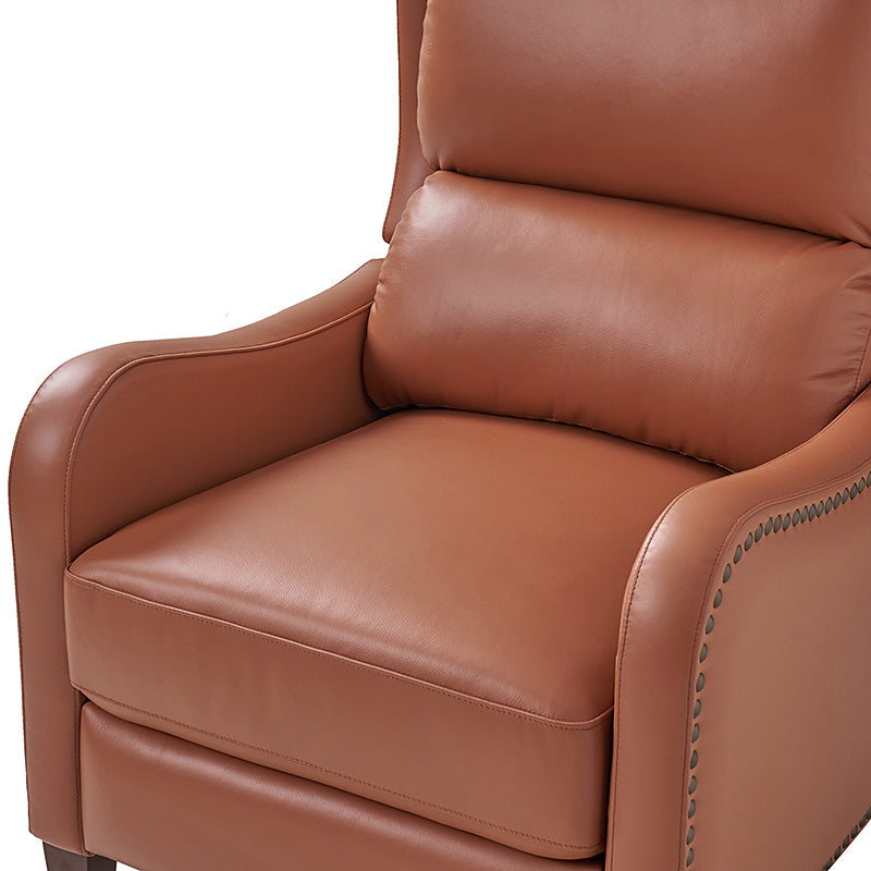 Fauteuil inclinable en cuir véritable avec dossier haut, garniture cloutée, inclinaison par poussée et pieds en bois de bouleau | Camel / Bleu marine / Noir / Marron / Jaune / Brique / Olive / Beige | Monoplace