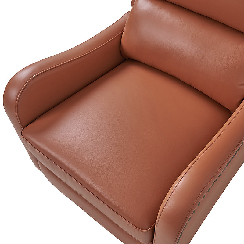 Fauteuil inclinable en cuir véritable avec dossier haut, garniture cloutée, inclinaison par poussée et pieds en bois de bouleau | Camel / Bleu marine / Noir / Marron / Jaune / Brique / Olive / Beige | Monoplace