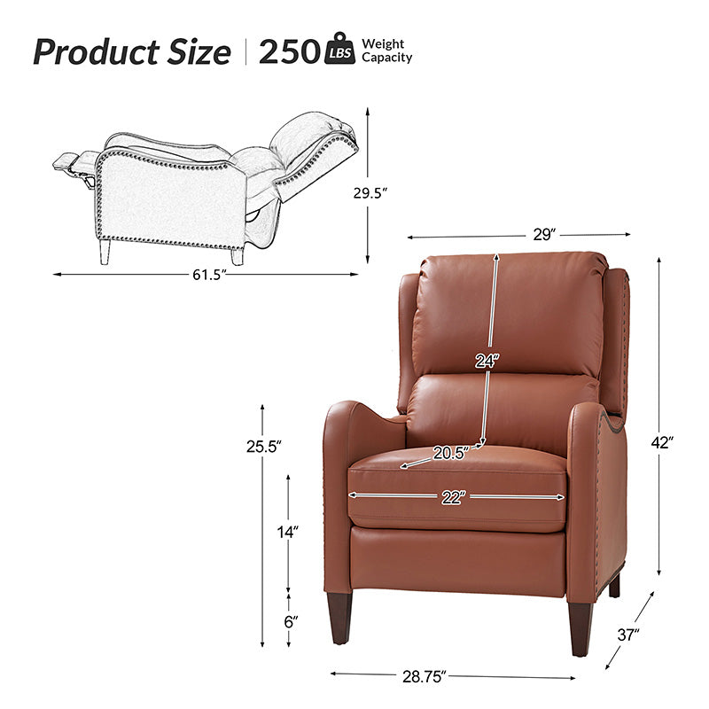 Fauteuil inclinable en cuir véritable avec dossier haut, garniture cloutée, inclinaison par poussée et pieds en bois de bouleau | Camel / Bleu marine / Noir / Marron / Jaune / Brique / Olive / Beige | Monoplace