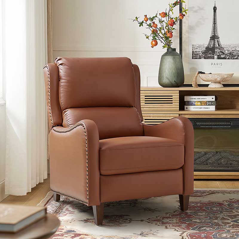 Fauteuil inclinable en cuir véritable avec dossier haut, garniture cloutée, inclinaison par poussée et pieds en bois de bouleau | Camel / Bleu marine / Noir / Marron / Jaune / Brique / Olive / Beige | Monoplace