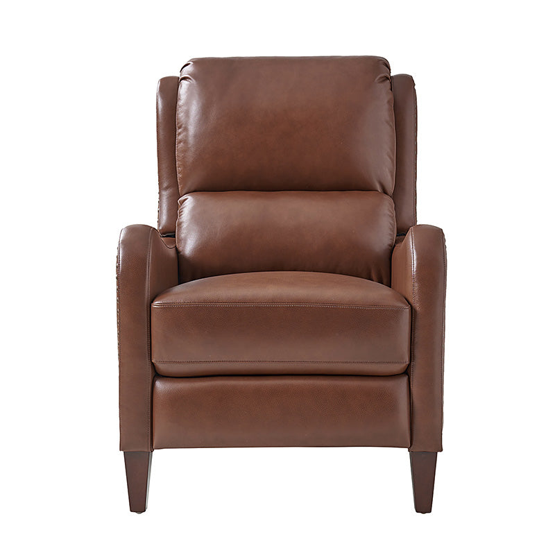 Fauteuil inclinable en cuir véritable avec dossier haut, garniture cloutée, inclinaison par poussée et pieds en bois de bouleau | Camel / Bleu marine / Noir / Marron / Jaune / Brique / Olive / Beige | Monoplace