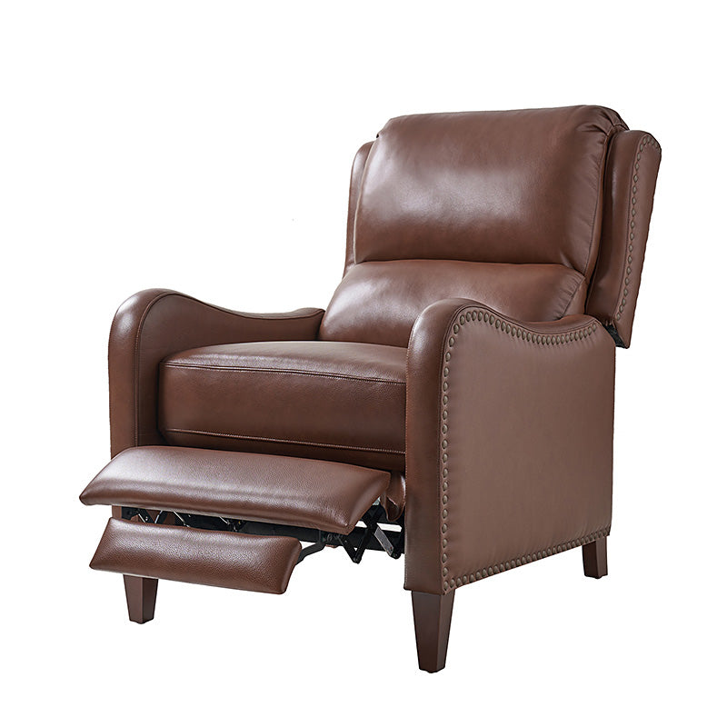 Fauteuil inclinable en cuir véritable avec dossier haut, garniture cloutée, inclinaison par poussée et pieds en bois de bouleau | Camel / Bleu marine / Noir / Marron / Jaune / Brique / Olive / Beige | Monoplace