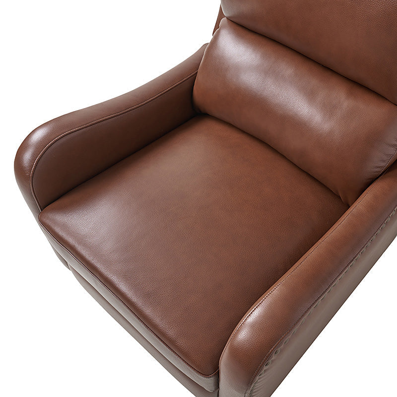 Fauteuil inclinable en cuir véritable avec dossier haut, garniture cloutée, inclinaison par poussée et pieds en bois de bouleau | Camel / Bleu marine / Noir / Marron / Jaune / Brique / Olive / Beige | Monoplace
