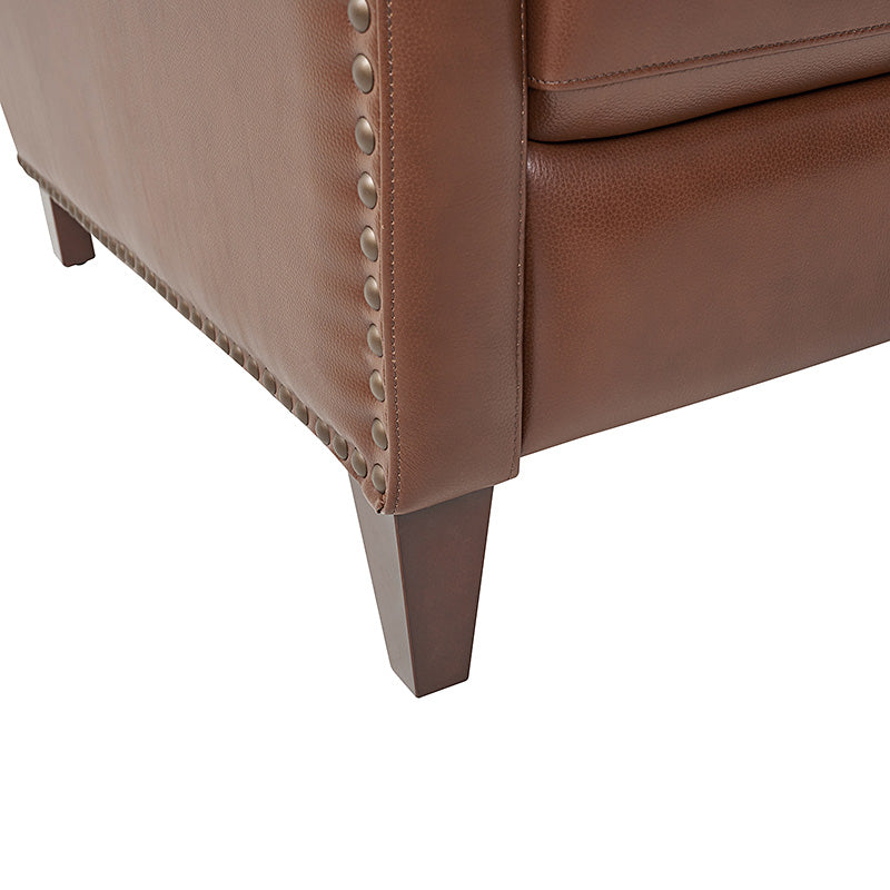 Fauteuil inclinable en cuir véritable avec dossier haut, garniture cloutée, inclinaison par poussée et pieds en bois de bouleau | Camel / Bleu marine / Noir / Marron / Jaune / Brique / Olive / Beige | Monoplace