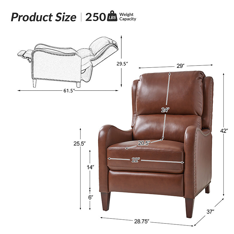 Fauteuil inclinable en cuir véritable avec dossier haut, garniture cloutée, inclinaison par poussée et pieds en bois de bouleau | Camel / Bleu marine / Noir / Marron / Jaune / Brique / Olive / Beige | Monoplace