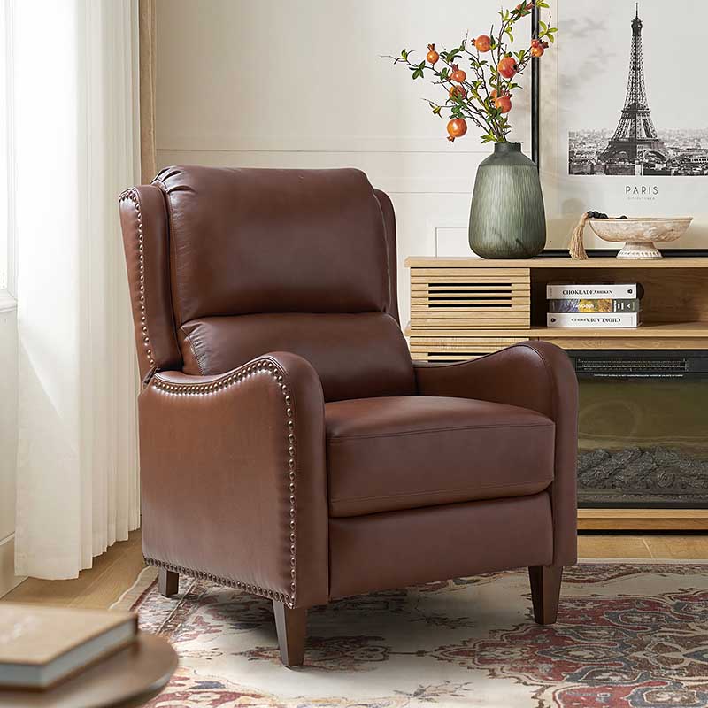 Fauteuil inclinable en cuir véritable avec dossier haut, garniture cloutée, inclinaison par poussée et pieds en bois de bouleau | Camel / Bleu marine / Noir / Marron / Jaune / Brique / Olive / Beige | Monoplace