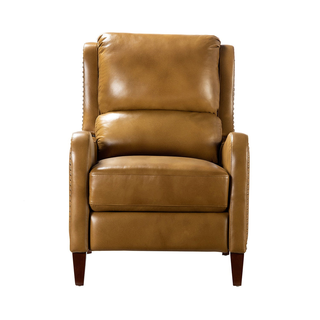 Fauteuil inclinable en cuir véritable avec dossier haut, garniture cloutée, inclinaison par poussée et pieds en bois de bouleau | Camel / Bleu marine / Noir / Marron / Jaune / Brique / Olive / Beige | Monoplace