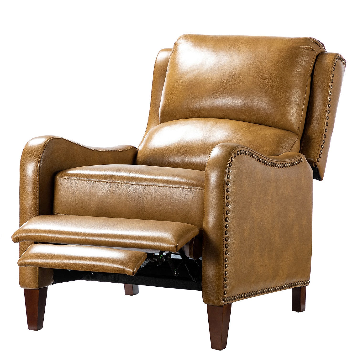 Fauteuil inclinable en cuir véritable avec dossier haut, garniture cloutée, inclinaison par poussée et pieds en bois de bouleau | Camel / Bleu marine / Noir / Marron / Jaune / Brique / Olive / Beige | Monoplace
