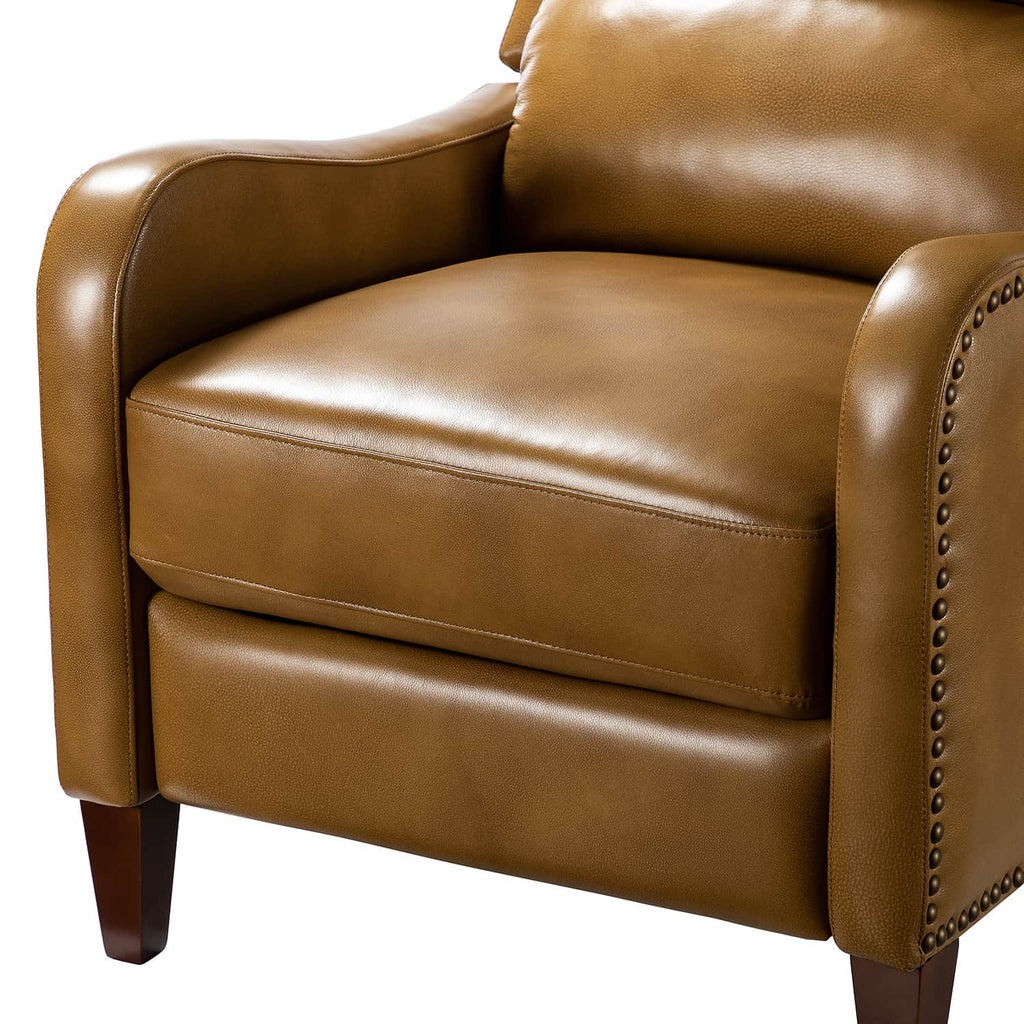Fauteuil inclinable en cuir véritable avec dossier haut, garniture cloutée, inclinaison par poussée et pieds en bois de bouleau | Camel / Bleu marine / Noir / Marron / Jaune / Brique / Olive / Beige | Monoplace