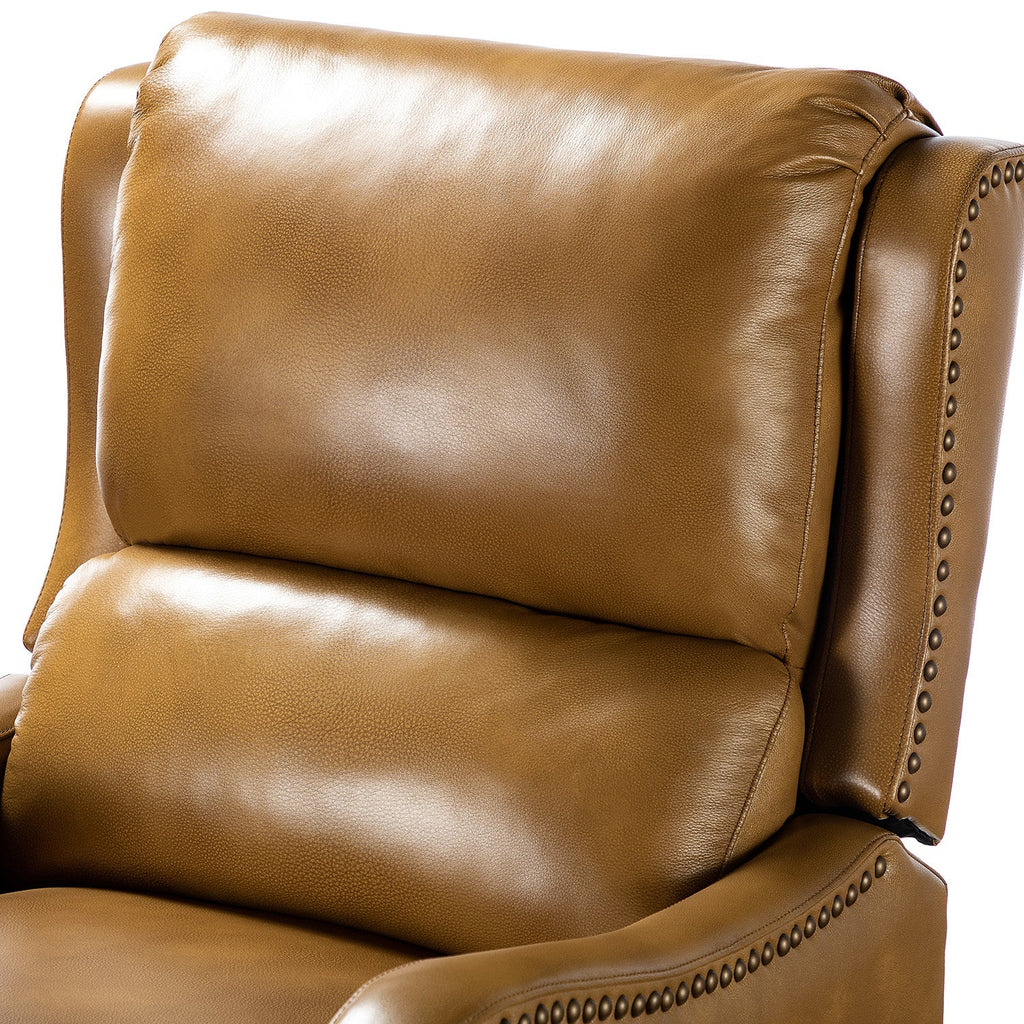 Fauteuil inclinable en cuir véritable avec dossier haut, garniture cloutée, inclinaison par poussée et pieds en bois de bouleau | Camel / Bleu marine / Noir / Marron / Jaune / Brique / Olive / Beige | Monoplace