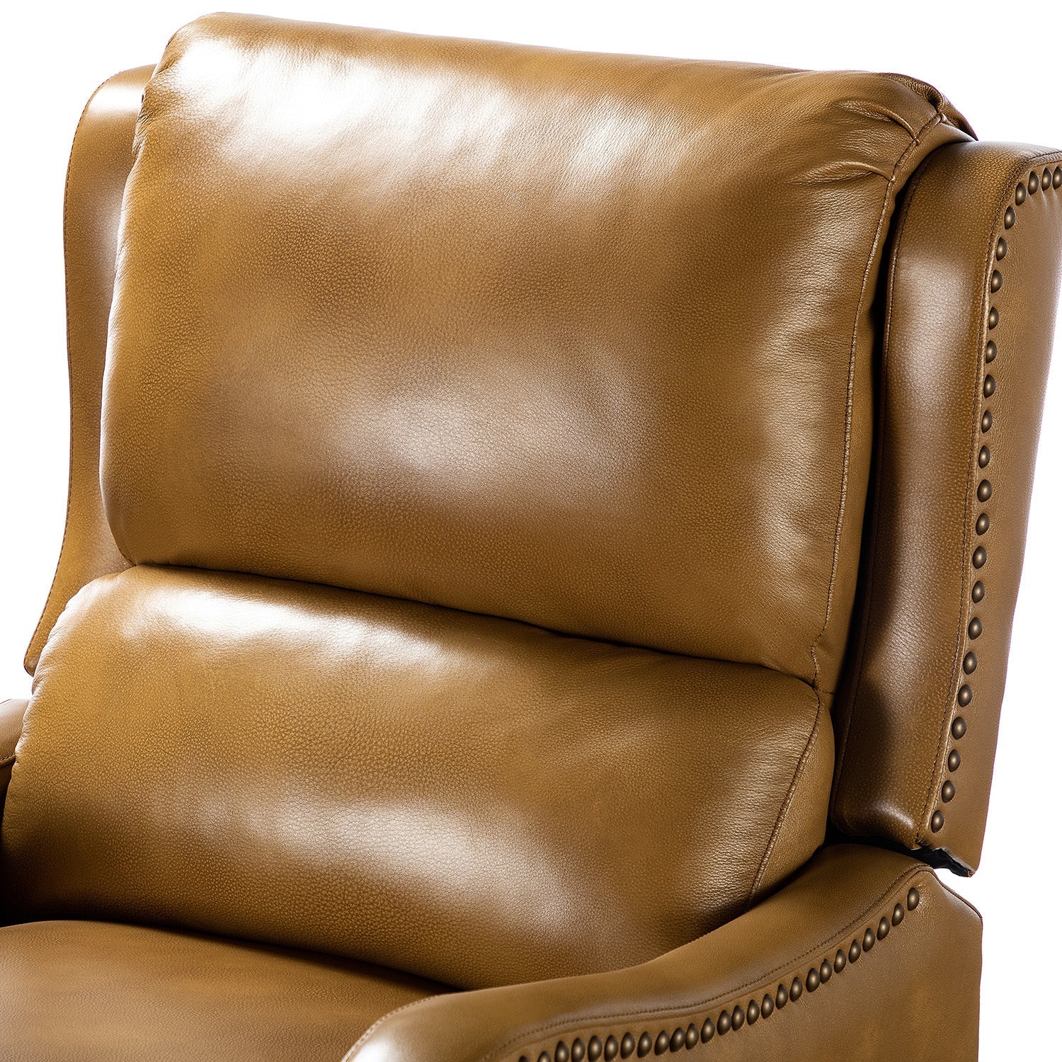 Fauteuil inclinable en cuir véritable avec dossier haut, garniture cloutée, inclinaison par poussée et pieds en bois de bouleau | Camel / Bleu marine / Noir / Marron / Jaune / Brique / Olive / Beige | Monoplace