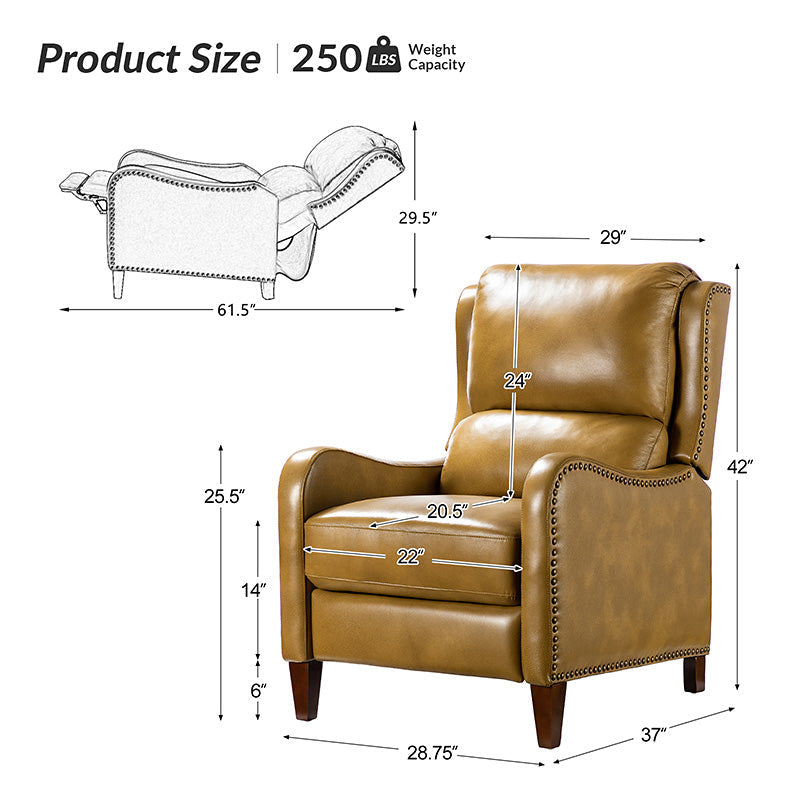 Fauteuil inclinable en cuir véritable avec dossier haut, garniture cloutée, inclinaison par poussée et pieds en bois de bouleau | Camel / Bleu marine / Noir / Marron / Jaune / Brique / Olive / Beige | Monoplace