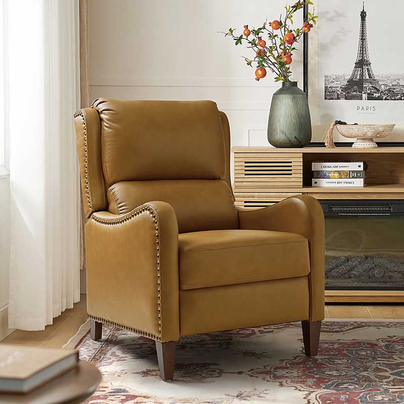 Fauteuil inclinable en cuir véritable avec dossier haut, garniture cloutée, inclinaison par poussée et pieds en bois de bouleau | Camel / Bleu marine / Noir / Marron / Jaune / Brique / Olive / Beige | Monoplace