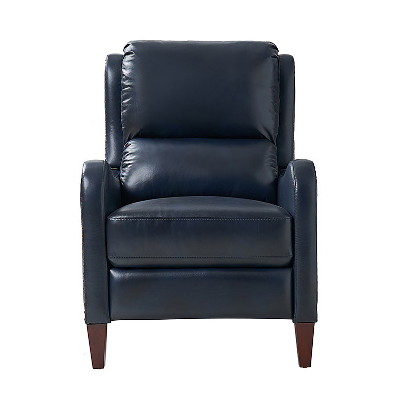 Fauteuil inclinable en cuir véritable avec dossier haut, garniture cloutée, inclinaison par poussée et pieds en bois de bouleau | Camel / Bleu marine / Noir / Marron / Jaune / Brique / Olive / Beige | Monoplace