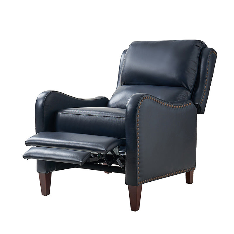 Fauteuil inclinable en cuir véritable avec dossier haut, garniture cloutée, inclinaison par poussée et pieds en bois de bouleau | Camel / Bleu marine / Noir / Marron / Jaune / Brique / Olive / Beige | Monoplace