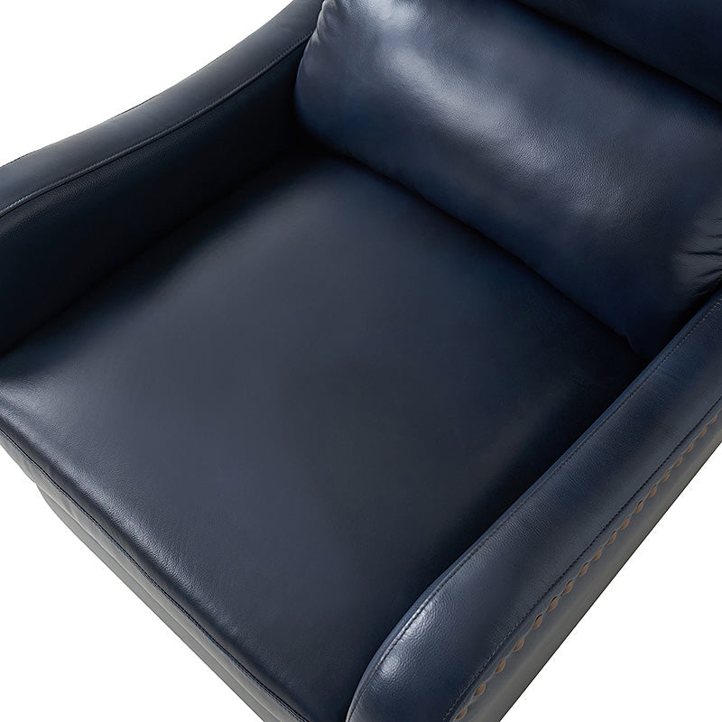 Fauteuil inclinable en cuir véritable avec dossier haut, garniture cloutée, inclinaison par poussée et pieds en bois de bouleau | Camel / Bleu marine / Noir / Marron / Jaune / Brique / Olive / Beige | Monoplace