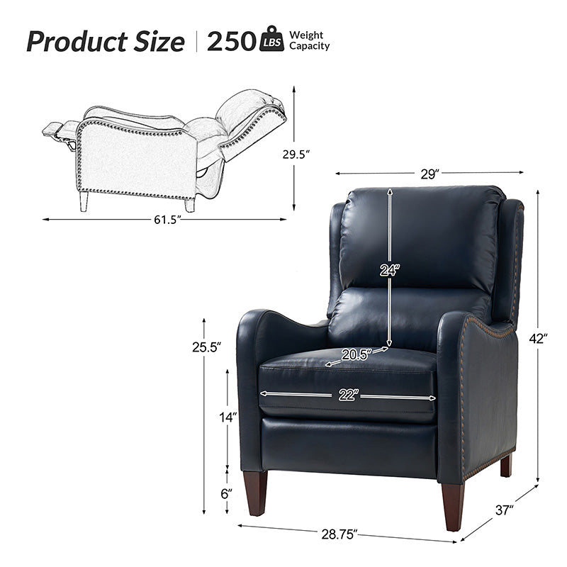 Fauteuil inclinable en cuir véritable avec dossier haut, garniture cloutée, inclinaison par poussée et pieds en bois de bouleau | Camel / Bleu marine / Noir / Marron / Jaune / Brique / Olive / Beige | Monoplace