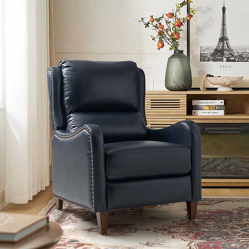 Fauteuil inclinable en cuir véritable avec dossier haut, garniture cloutée, inclinaison par poussée et pieds en bois de bouleau | Camel / Bleu marine / Noir / Marron / Jaune / Brique / Olive / Beige | Monoplace