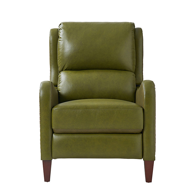Fauteuil inclinable en cuir véritable avec dossier haut, garniture cloutée, inclinaison par poussée et pieds en bois de bouleau | Camel / Bleu marine / Noir / Marron / Jaune / Brique / Olive / Beige | Monoplace