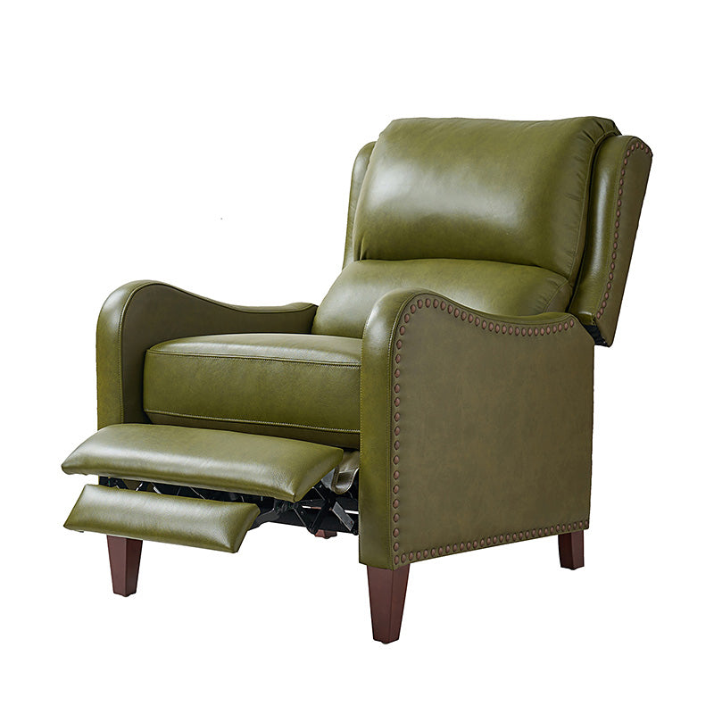 Fauteuil inclinable en cuir véritable avec dossier haut, garniture cloutée, inclinaison par poussée et pieds en bois de bouleau | Camel / Bleu marine / Noir / Marron / Jaune / Brique / Olive / Beige | Monoplace