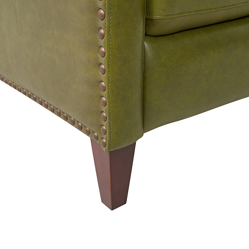 Fauteuil inclinable en cuir véritable avec dossier haut, garniture cloutée, inclinaison par poussée et pieds en bois de bouleau | Camel / Bleu marine / Noir / Marron / Jaune / Brique / Olive / Beige | Monoplace