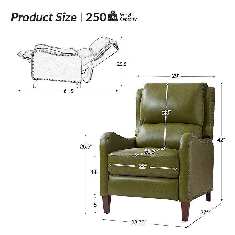 Fauteuil inclinable en cuir véritable avec dossier haut, garniture cloutée, inclinaison par poussée et pieds en bois de bouleau | Camel / Bleu marine / Noir / Marron / Jaune / Brique / Olive / Beige | Monoplace