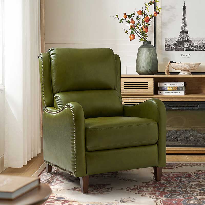 Fauteuil inclinable en cuir véritable avec dossier haut, garniture cloutée, inclinaison par poussée et pieds en bois de bouleau | Camel / Bleu marine / Noir / Marron / Jaune / Brique / Olive / Beige | Monoplace
