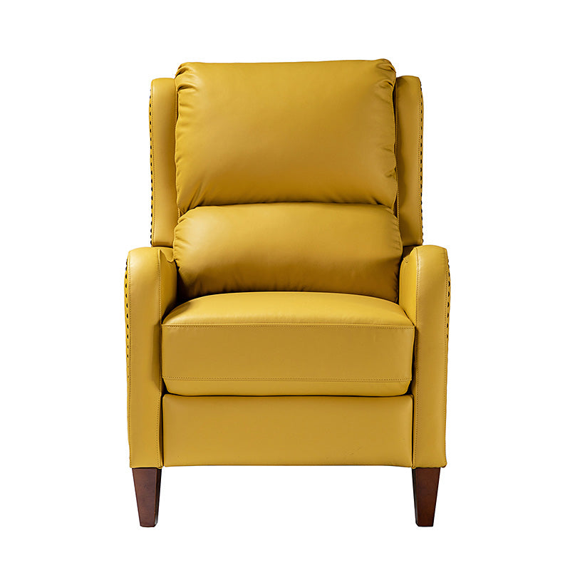 Fauteuil inclinable en cuir véritable avec dossier haut, garniture cloutée, inclinaison par poussée et pieds en bois de bouleau | Camel / Bleu marine / Noir / Marron / Jaune / Brique / Olive / Beige | Monoplace