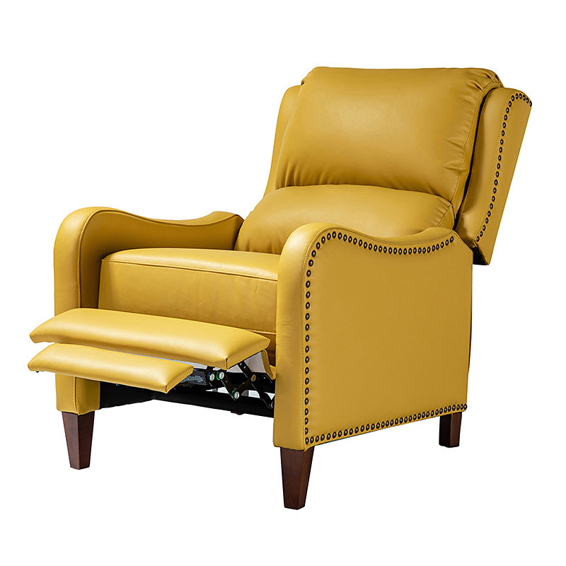 Fauteuil inclinable en cuir véritable avec dossier haut, garniture cloutée, inclinaison par poussée et pieds en bois de bouleau | Camel / Bleu marine / Noir / Marron / Jaune / Brique / Olive / Beige | Monoplace