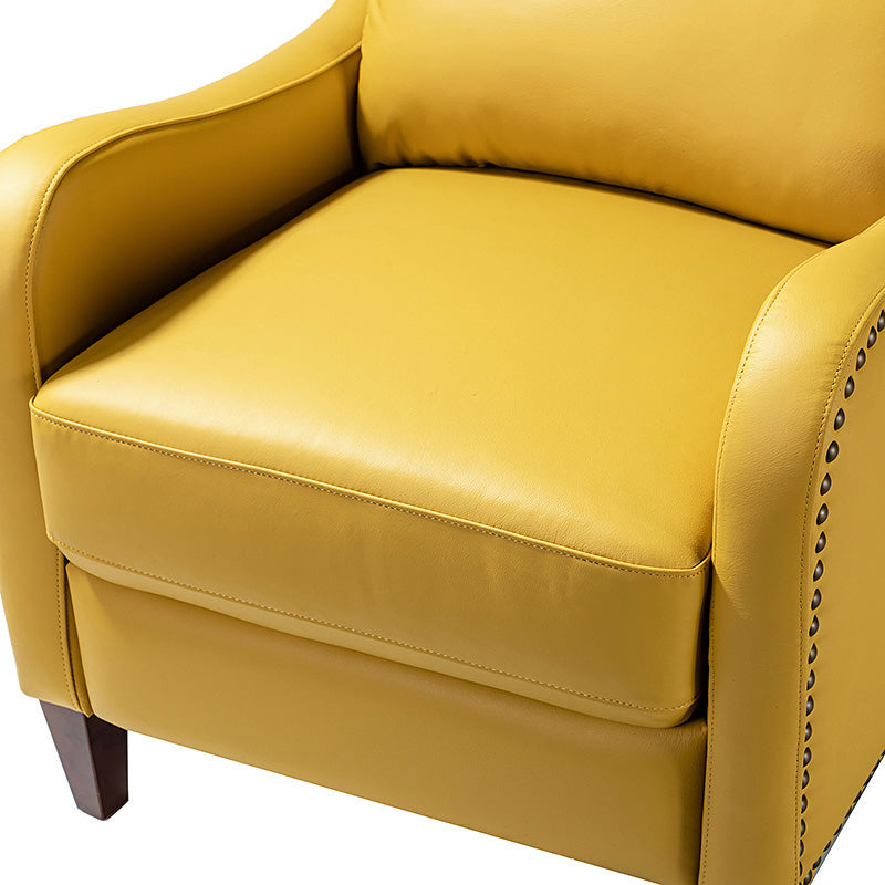 Fauteuil inclinable en cuir véritable avec dossier haut, garniture cloutée, inclinaison par poussée et pieds en bois de bouleau | Camel / Bleu marine / Noir / Marron / Jaune / Brique / Olive / Beige | Monoplace