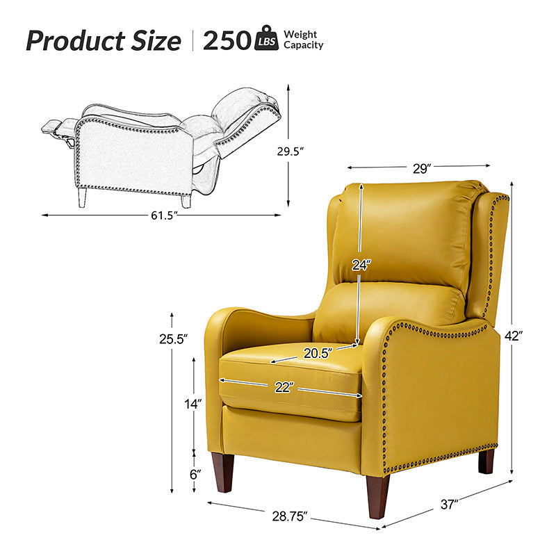 Fauteuil inclinable en cuir véritable avec dossier haut, garniture cloutée, inclinaison par poussée et pieds en bois de bouleau | Camel / Bleu marine / Noir / Marron / Jaune / Brique / Olive / Beige | Monoplace