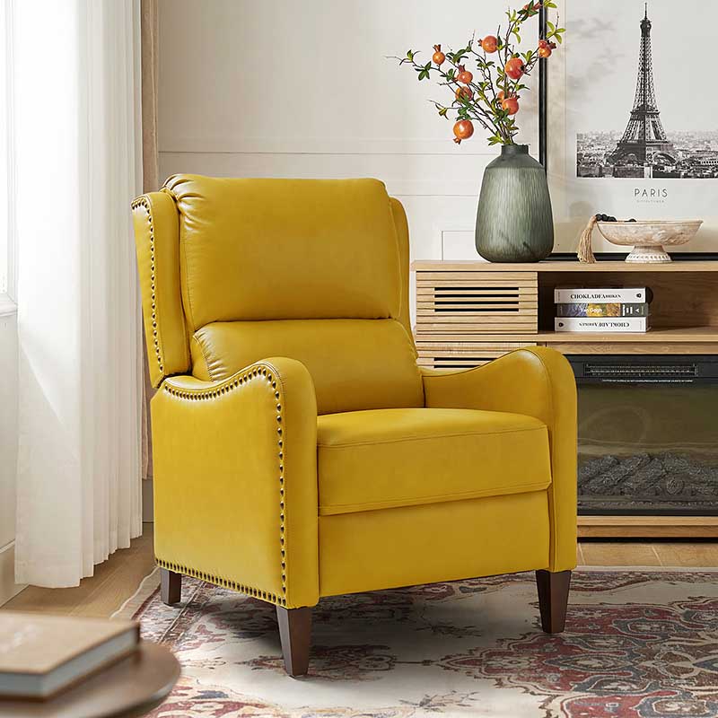 Fauteuil inclinable en cuir véritable avec dossier haut, garniture cloutée, inclinaison par poussée et pieds en bois de bouleau | Camel / Bleu marine / Noir / Marron / Jaune / Brique / Olive / Beige | Monoplace