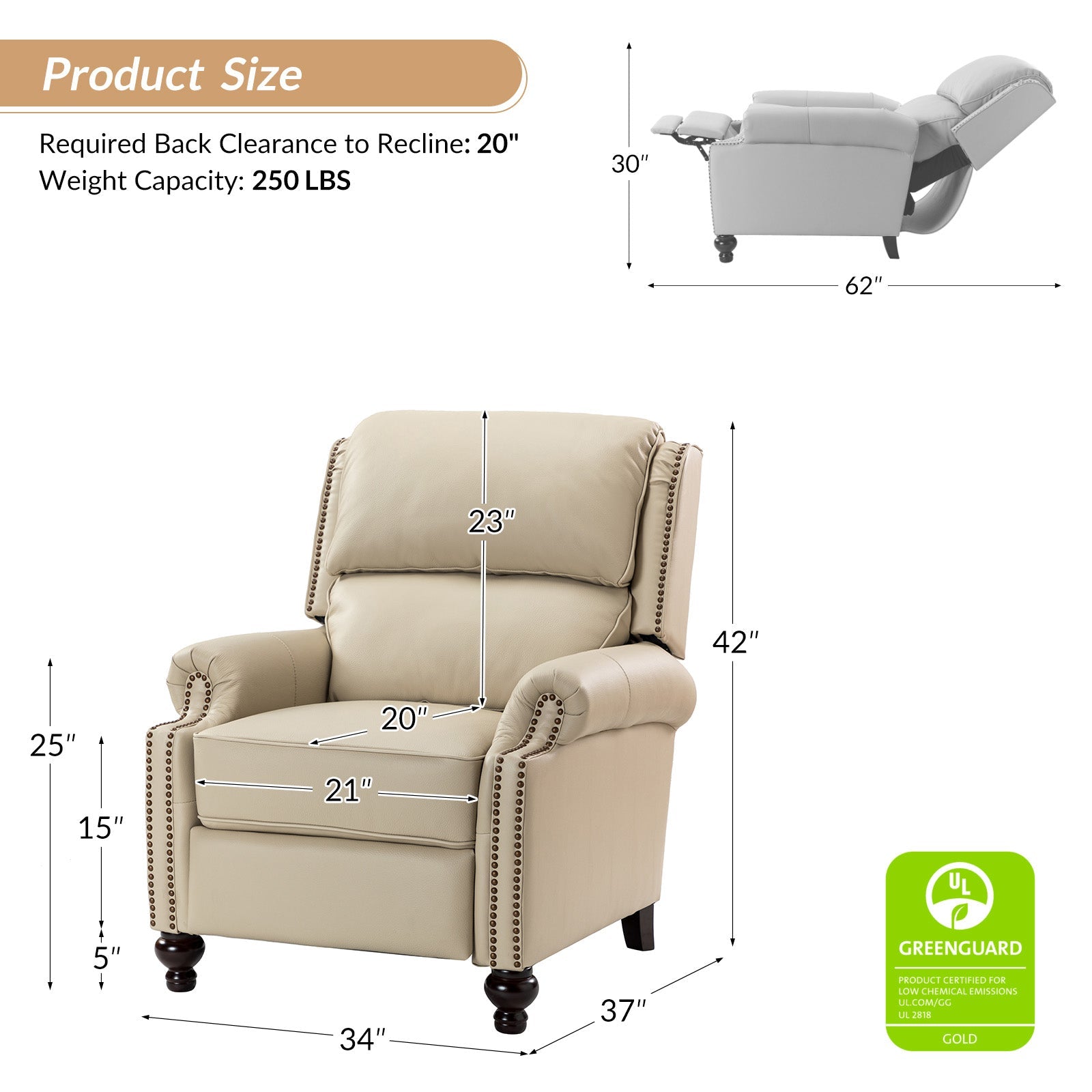 Fauteuil inclinable manuel en cuir véritable avec accoudoirs roulés, clous décoratifs, assise à ressorts sinueux et pieds tournés en bois de bouleau | Marron / Camel / Beige / Noir / Bleu marine / Vert / Bordeaux | Siège simple