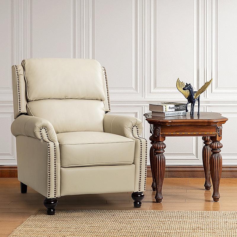 Fauteuil inclinable manuel en cuir véritable avec accoudoirs roulés, clous décoratifs, assise à ressorts sinueux et pieds tournés en bois de bouleau | Marron / Camel / Beige / Noir / Bleu marine / Vert / Bordeaux | Siège simple