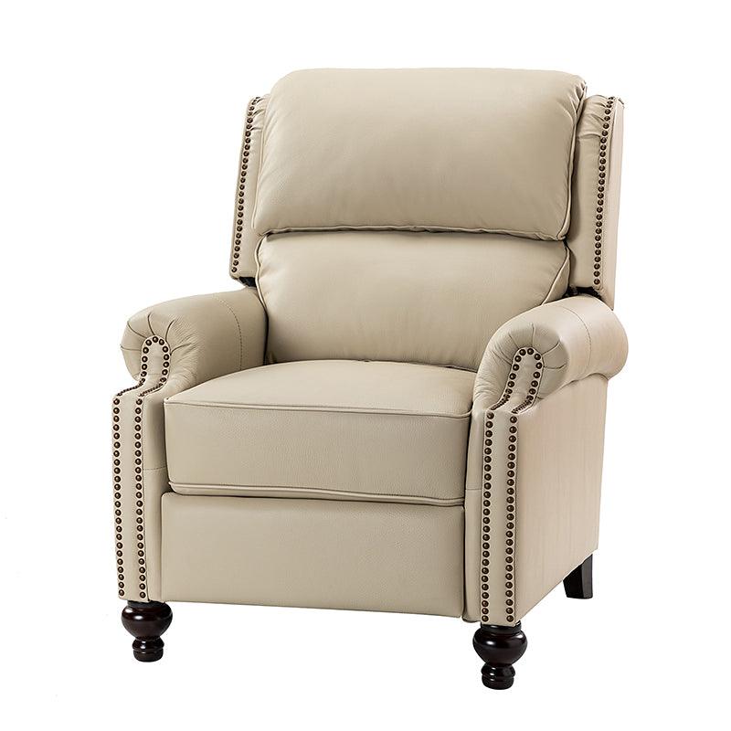 Fauteuil inclinable manuel en cuir véritable avec accoudoirs roulés, clous décoratifs, assise à ressorts sinueux et pieds tournés en bois de bouleau | Marron / Camel / Beige / Noir / Bleu marine / Vert / Bordeaux | Siège simple