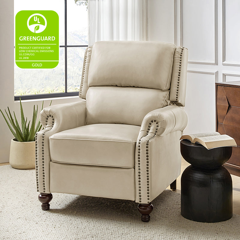 Fauteuil inclinable manuel en cuir véritable avec accoudoirs roulés, clous décoratifs, assise à ressorts sinueux et pieds tournés en bois de bouleau | Marron / Camel / Beige / Noir / Bleu marine / Vert / Bordeaux | Siège simple