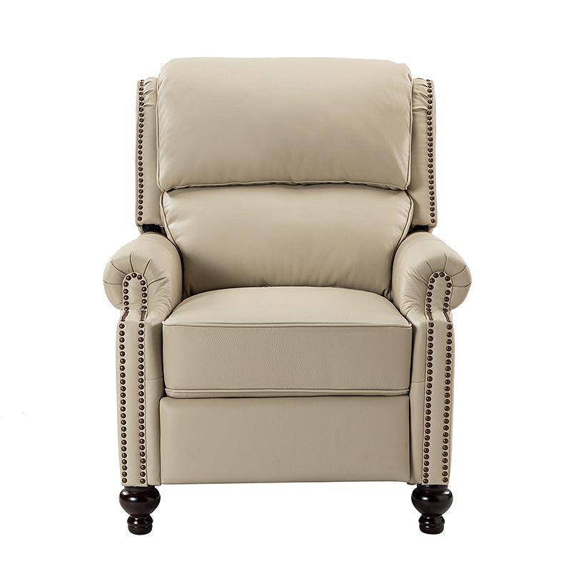 Fauteuil inclinable manuel en cuir véritable avec accoudoirs roulés, clous décoratifs, assise à ressorts sinueux et pieds tournés en bois de bouleau | Marron / Camel / Beige / Noir / Bleu marine / Vert / Bordeaux | Siège simple