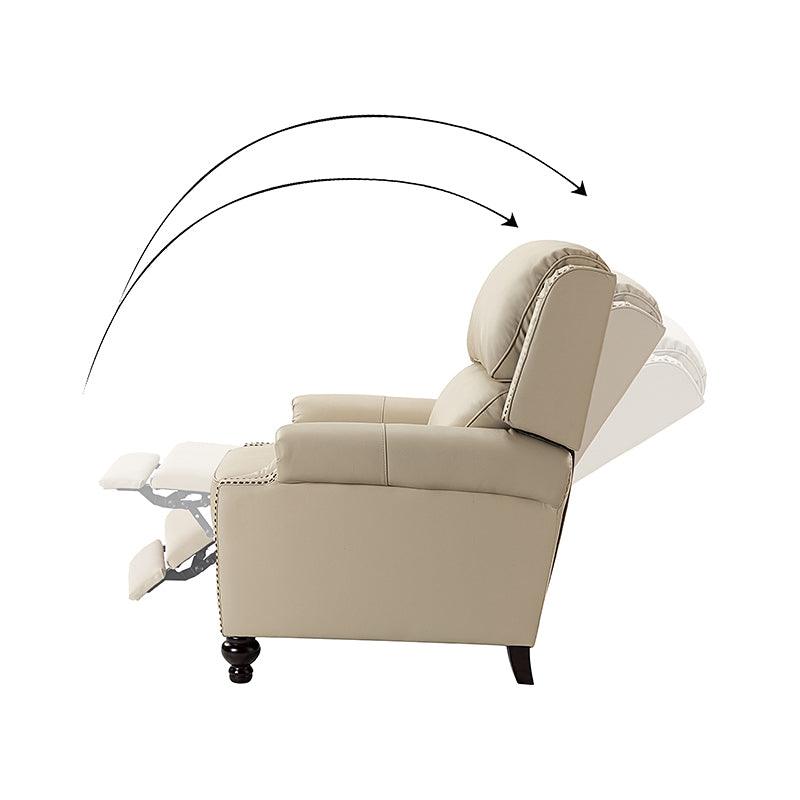 Fauteuil inclinable manuel en cuir véritable avec accoudoirs roulés, clous décoratifs, assise à ressorts sinueux et pieds tournés en bois de bouleau | Marron / Camel / Beige / Noir / Bleu marine / Vert / Bordeaux | Siège simple