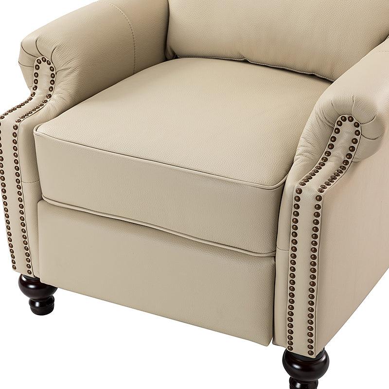 Fauteuil inclinable manuel en cuir véritable avec accoudoirs roulés, clous décoratifs, assise à ressorts sinueux et pieds tournés en bois de bouleau | Marron / Camel / Beige / Noir / Bleu marine / Vert / Bordeaux | Siège simple