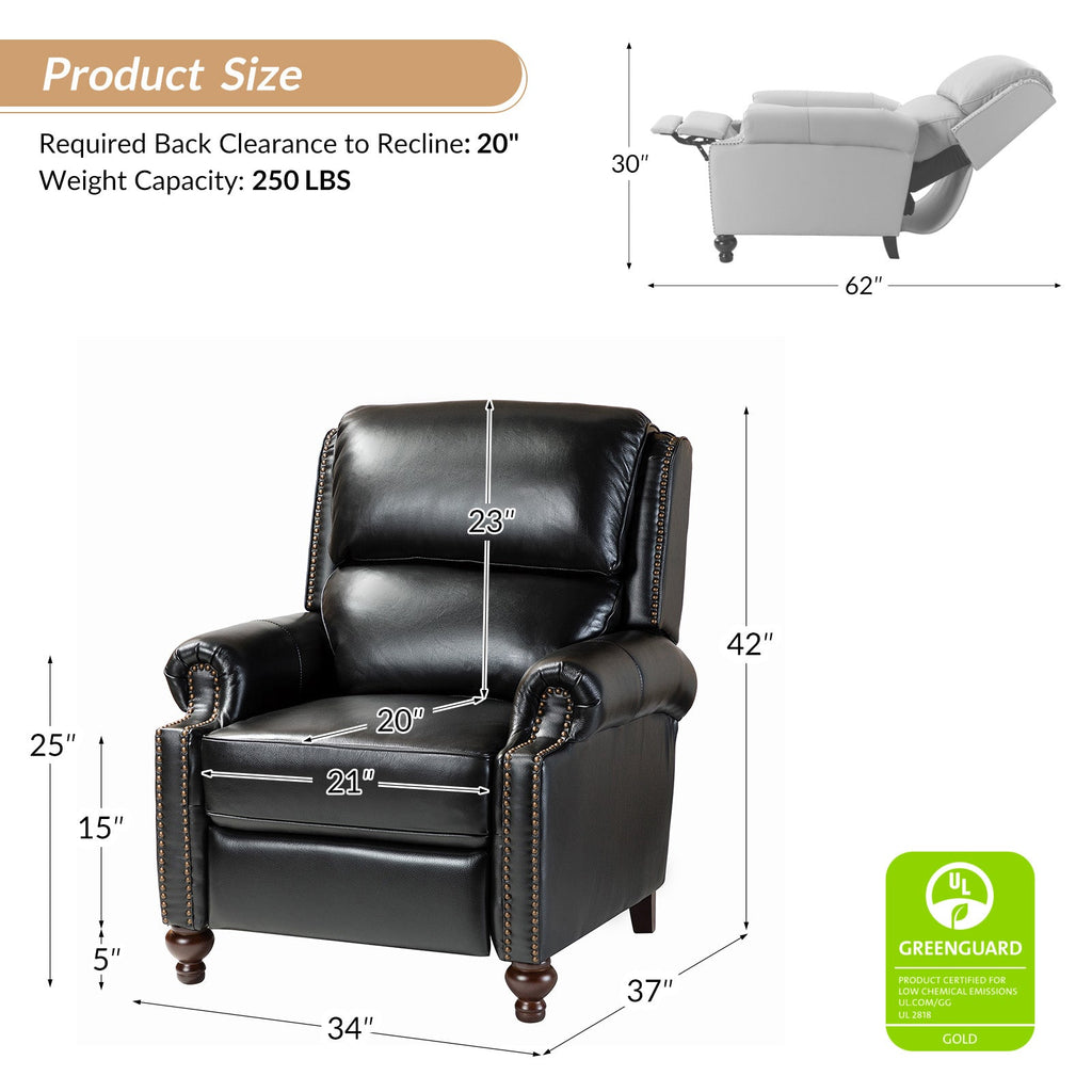 Fauteuil inclinable manuel en cuir véritable avec accoudoirs roulés, clous décoratifs, assise à ressorts sinueux et pieds tournés en bois de bouleau | Marron / Camel / Beige / Noir / Bleu marine / Vert / Bordeaux | Siège simple