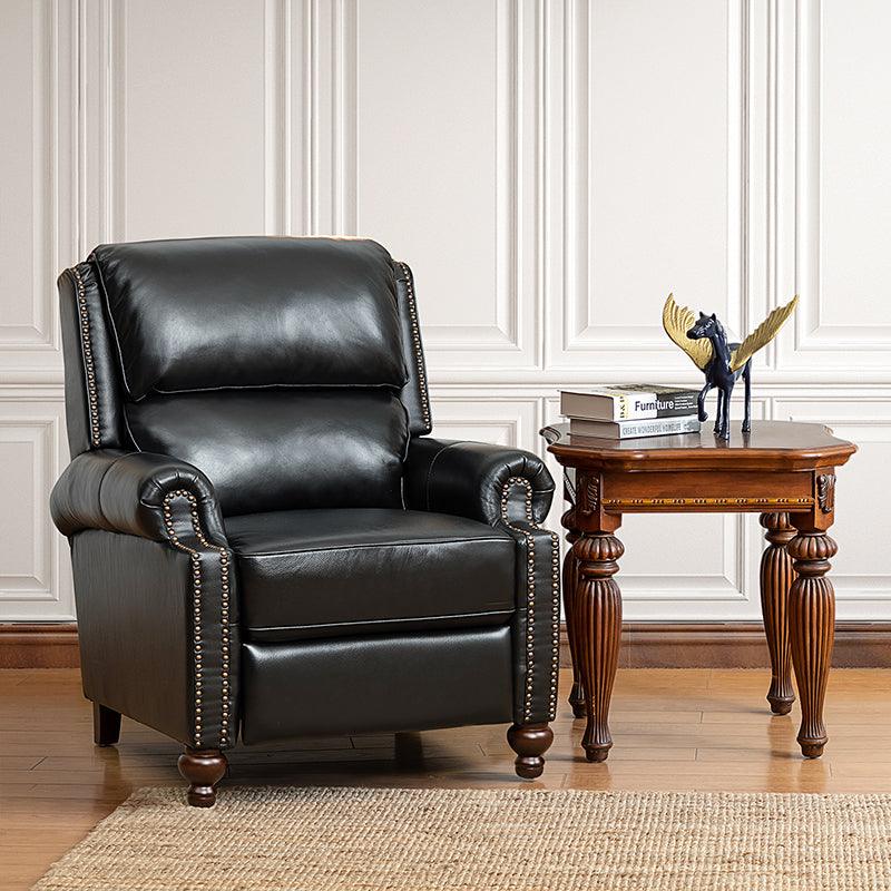 Fauteuil inclinable manuel en cuir véritable avec accoudoirs roulés, clous décoratifs, assise à ressorts sinueux et pieds tournés en bois de bouleau | Marron / Camel / Beige / Noir / Bleu marine / Vert / Bordeaux | Siège simple